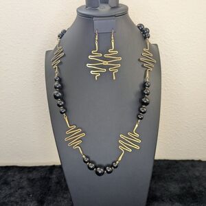 Flashback To The 80s Vintage Black and Gold Necklace and Earring Set